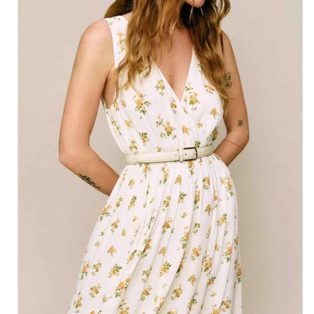 Reformation Farah Midi Dress Nicola Yellow Ivory Floral Summer Causal French - Picture 12 of 13